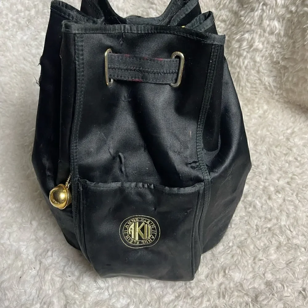 ANN KLEIN II Black Satin medium sling back brass accents .